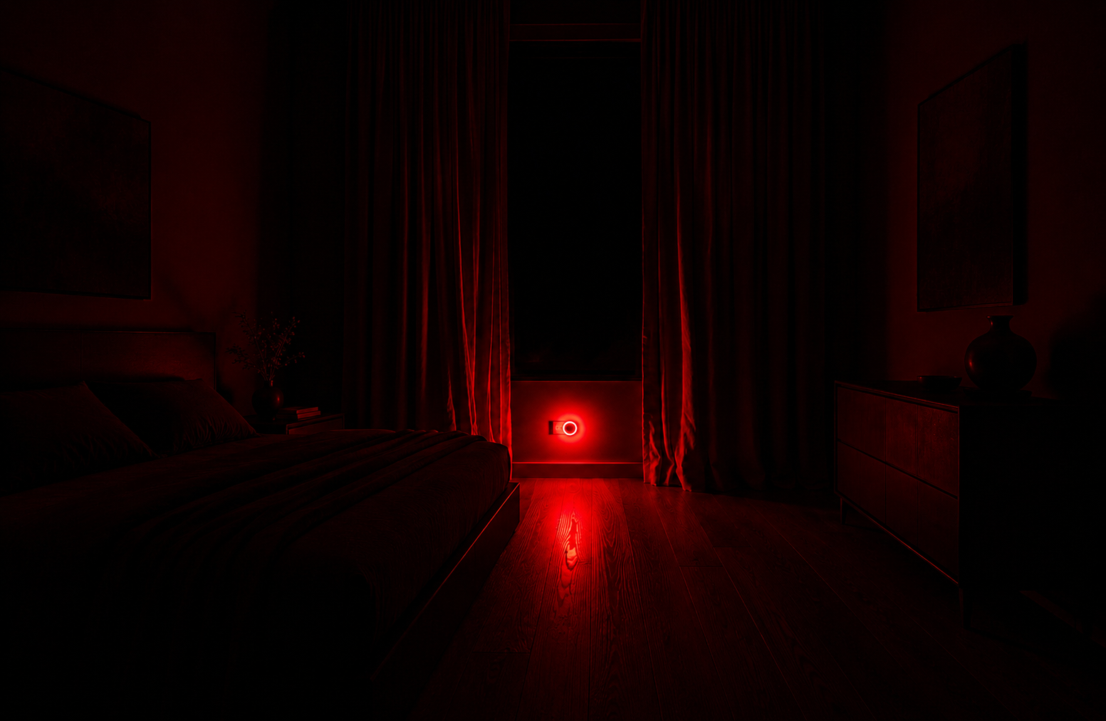 Motion Sensor Night Light glowing red in a dark bedroom at night