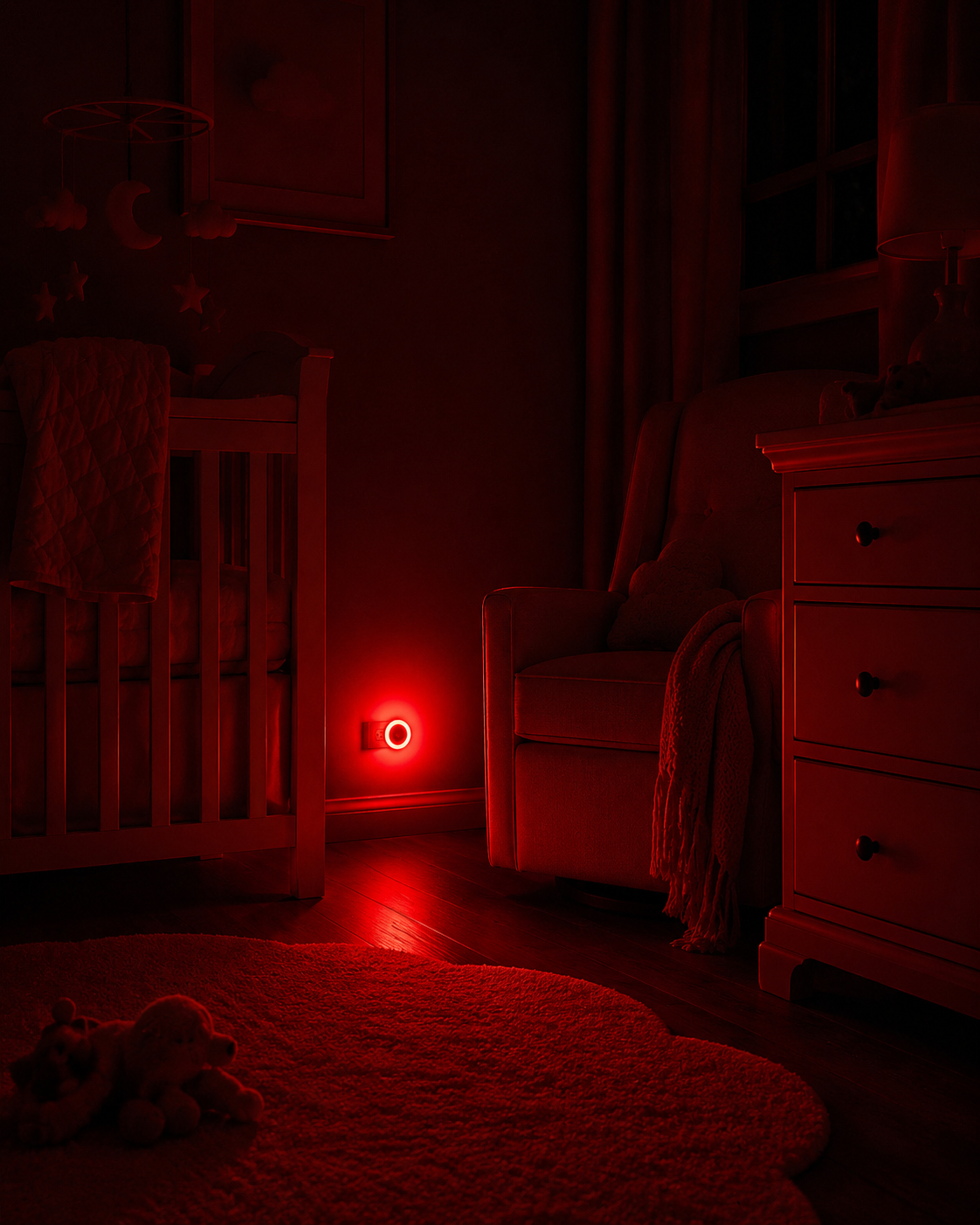 Soft red night light glowing in a dark nursery